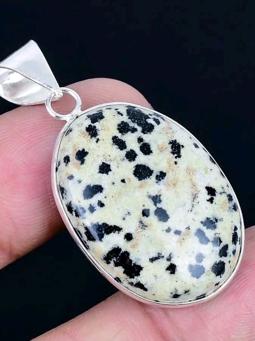 Dalmatian Jasper Oval Pendant Necklace 925 Silver Plated